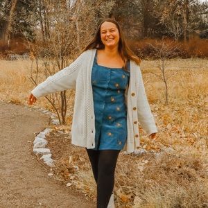 Blue Corduroy Floral Embroidered Long Sleeve Dress | Cider